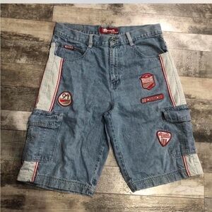 JNCO Blue Denim Cargo Shorts with Red Details